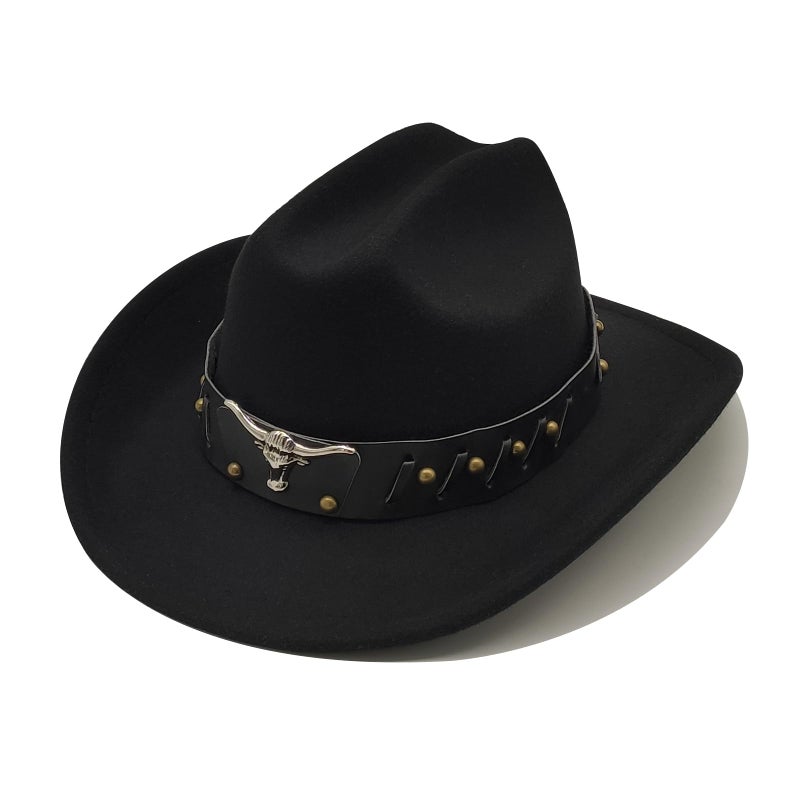 Willheoy Kids Cowboy Hat for Girls Boys Western Cowgirl Hat with Buckle Belt Unisex Wide Brim Fedora Hat Dress Up Costume B-Black - Image 1